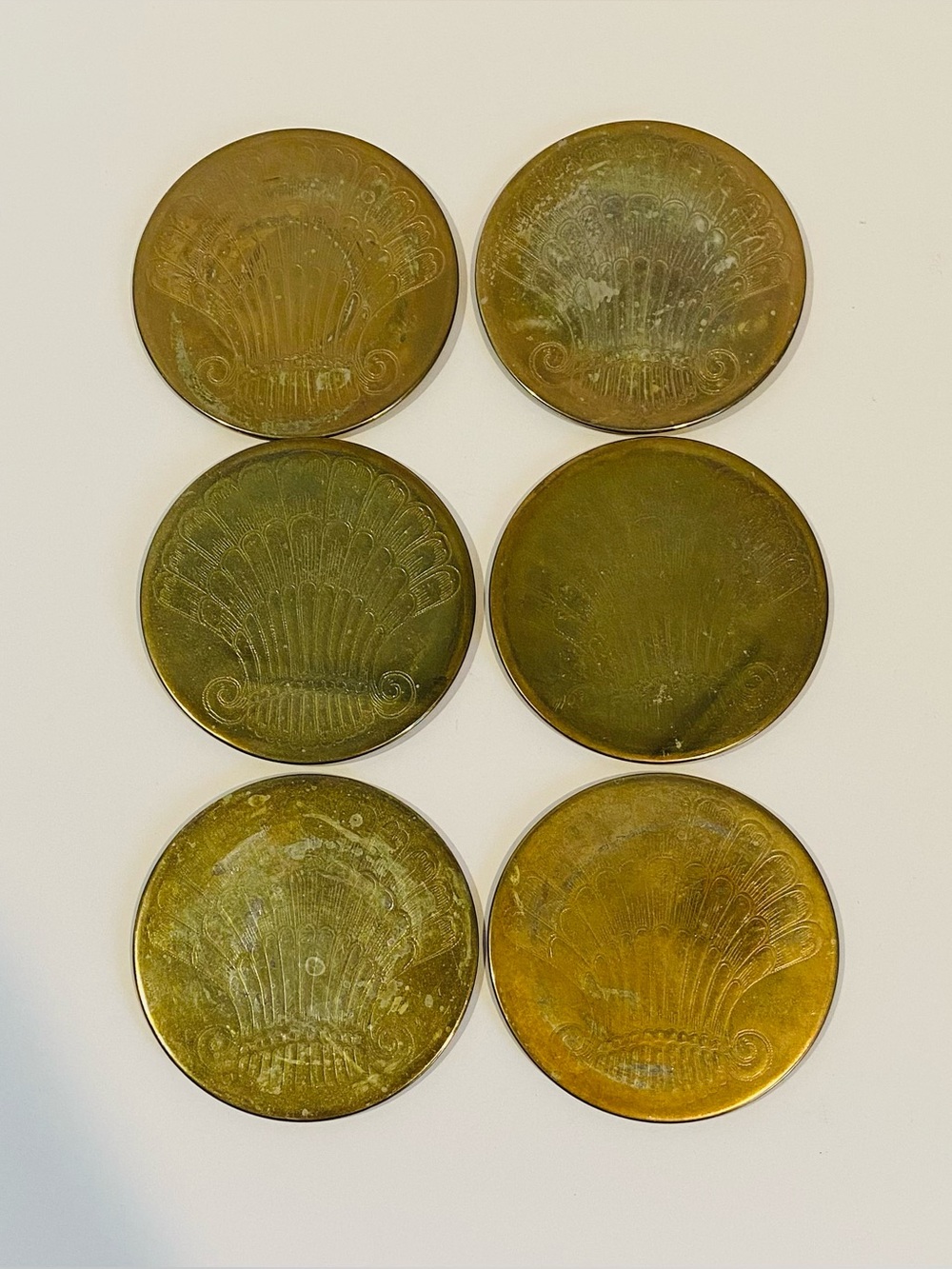 Vintage Brass Etched Shell Coaters Set of 6